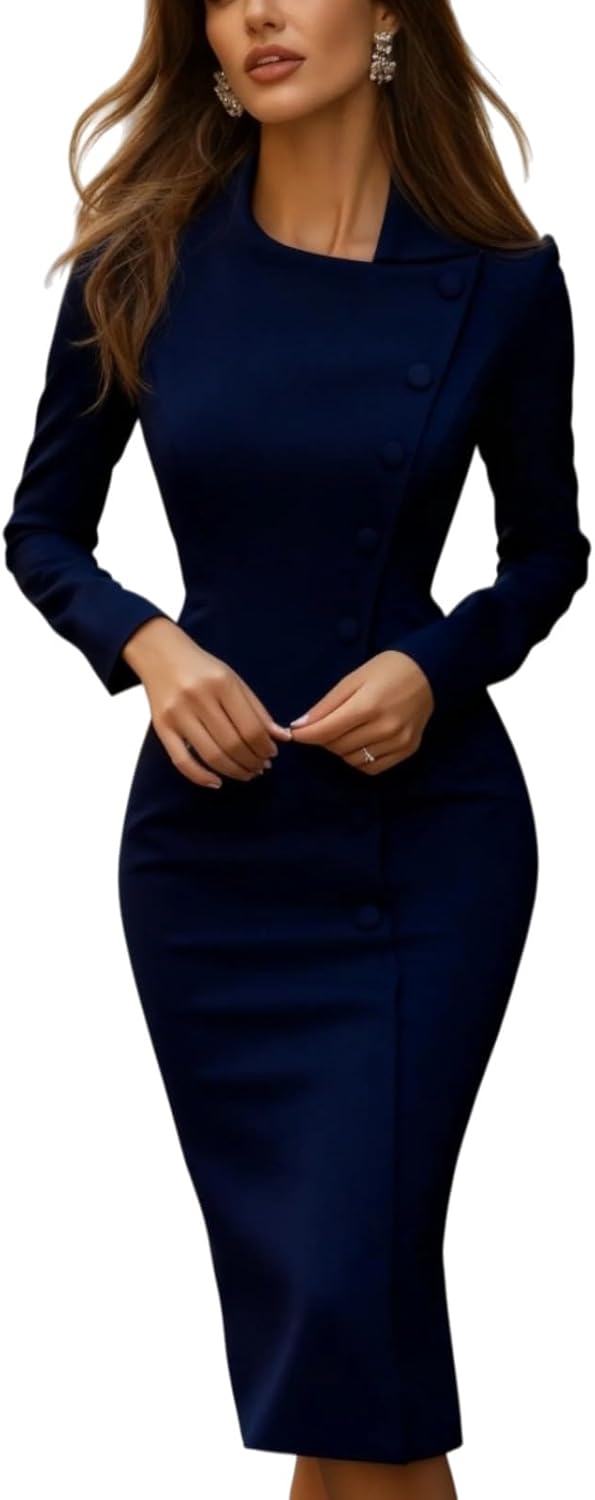 Elegant Tailored Blazer Midi Dress Women Sexy Suit Dresses Solid Long Sleeve V Neck Formal Wear Birthday Work Dresses