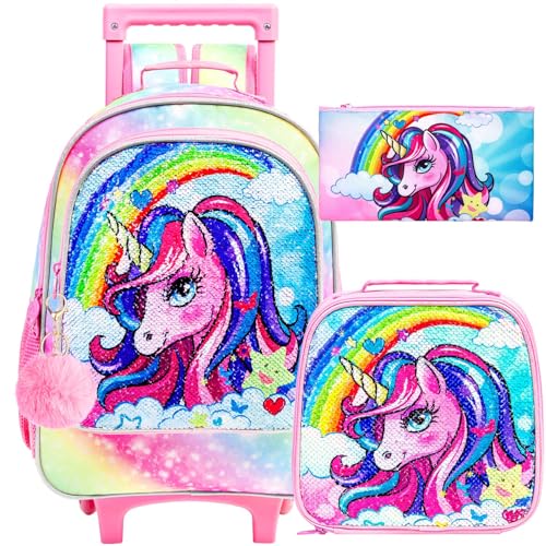 TXHVO 3PCS Rolling Backpack for Girls, Kids Roller Wheeled Unicorn Bookbag and Lunch Box, Cute Rainbow School Backpacks with Wheels for Elementary Teen