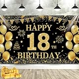SMENGGIL Black Gold 18th Happy Birthday Backdrop Banner Photography Background Decorations for Boys Girls Eighteen Years Anniversary Party Accessories Supplies 72.8 * 43.3in