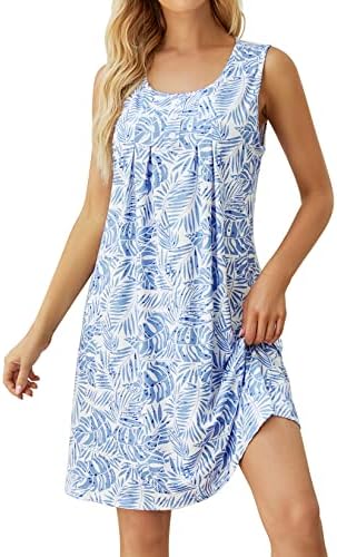 HOCOSIT Women's Floral Nightgowns Sleeveless Sleepwear Pleated Buttons Sleep Dress Scoopneck Nightwear Loungewear Blue Leaves Small