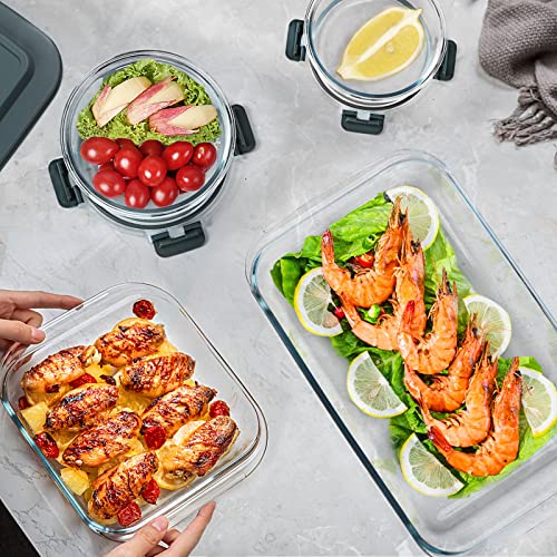 Komuee Rectangular Glass Baking Dish With Lids Set & Round Glass Food Storage Containers With Lids Set,Glass Bakeware Set With Lids For Lasagna, Leftovers, Cooking, Kitchen, Fridge-To-Oven,Gray #TOP7