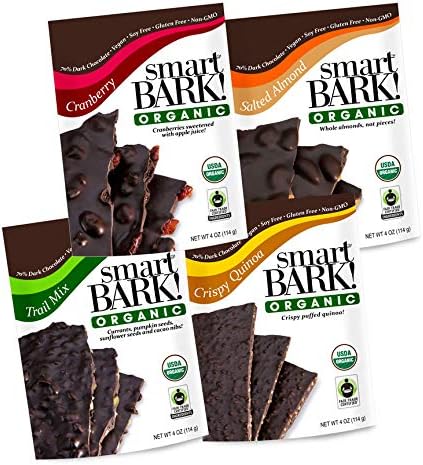 smartBARK Organic 70% Dark Chocolate Bark Variety Pack- Almond, Cranberry, Quinoa, Trail Mix (4 Pack, 4 Ounces Each)