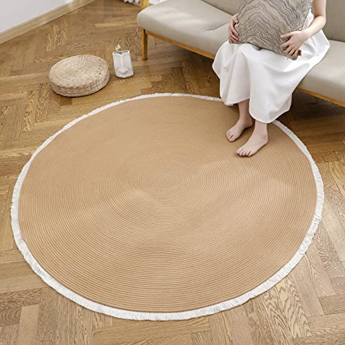 Image of Cotton Rope Rounds Rug with Tassels - Handwoven Bohemian Carpet for Living Room, Bedroom, Pooja & Home Decor, Soft & Washable Floor Mat, Beige, 6x6 feet