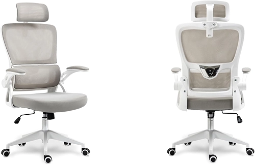 Cadeira de Escritório Presidente Giratória Ergonômica, Com Design Moderno, Estofado Confortável, Apoio Lombar Ajustável, Base Reforçada, Rodízios Silenciosos e Ajuste De Altura (CINZA E BRANCO)