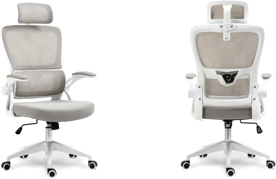 Cadeira de Escritório Presidente Giratória Ergonômica, Com Design Moderno, Estofado Confortável, Apoio Lombar Ajustável, Base Reforçada, Rodízios Silenciosos e Ajuste De Altura (CINZA E BRANCO)
