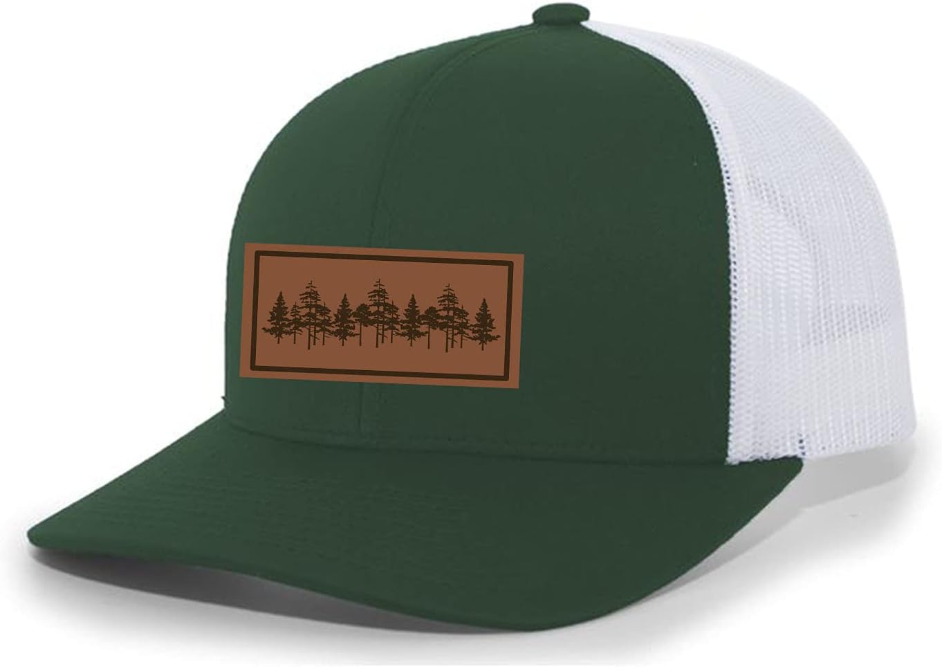 Trenz Shirt Company Tamarack Trees Forest Pine Woods Men's Laser Engraved Leather Patch Mesh Back Trucker Hat
