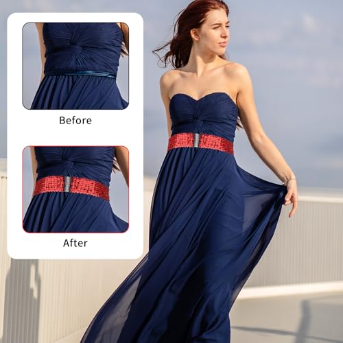 4 Pcs Glitter Sequin Belt, Wide Waist Elastic Belt Disco 70s 80s Metal Buckle Belts Clothing Accessories for Women Girl Bridal Dance Party Dresses Costume (Gold,Silver,Black,Red)4