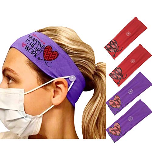 Jorsnovs 4 Pack Printed Non Slip Elastic Nurse Headbands with Buttons for Mask Yoga Wicking Sweatband Workout Headwraps Hair Bands for Women…