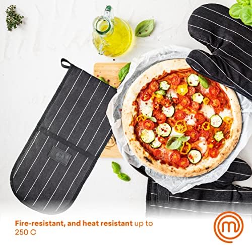 MasterChef Double Oven Gloves Heat Resistant 100% Cotton Black Cooking Stove Mitt Pot Holder With Vegan PU Leather Logo & Hanging Loop, Machine Washable