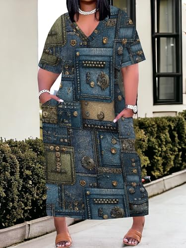 Image of SUZONANA Plus Size Denim Print Maxi Dresses for Women Casual V Neck Short Sleeve with Pockets Soft Jean Look Dress XL-6XL