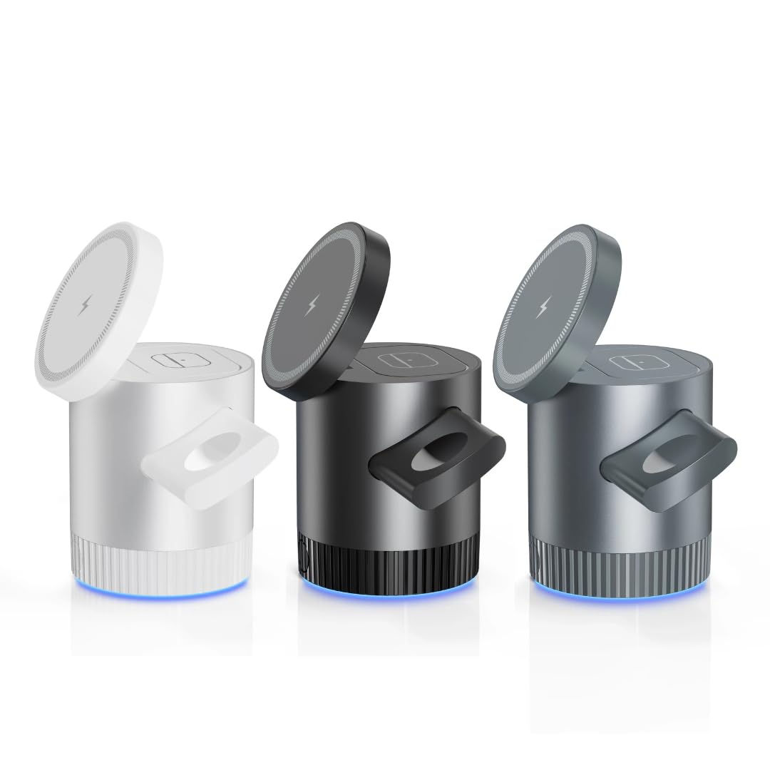 KyraTech 3-IN-1 Wireless charging station, 360° Rotating Magnetic Wireless Charger, Fast Charging Dock for iPhone, Apple Watch, AirPods, Multi-Device Charging Station, KTE007 (Black)