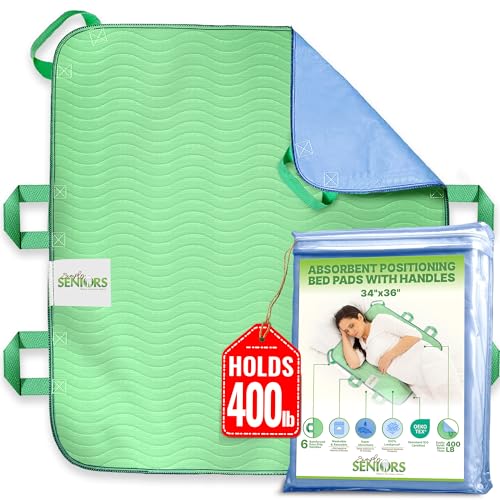 Absorbent Positioning Bed Pads for Elderly with 6 Handles 34'x36'- Washable Waterproof Incontinence Draw Sheets - Reusable Bed Mobility Under Pads for Seniors Disabled & Bedridden Patients-Fast-Drying