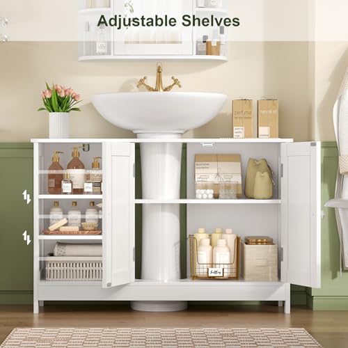 Image of TEENFON 35.4 inch Pedestal Sink Storage Cabinet with 2 Doors and Adjustable Shelves, Bathroom Sink Cabinet, Under Sink Storage with U-Shape Cut-Out, White