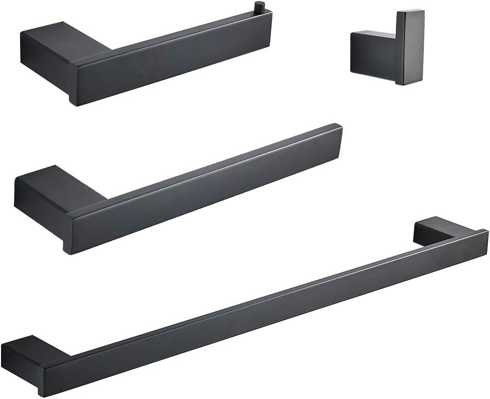 AIMADI 4-Piece Bathroom Hardware Set,Towel Bar Accessory Set Towel Hook Toilet Paper Holder Towel Ring Stainless Steel Wall Mounted, Black Painted