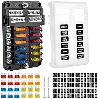 BetyBedy 12-Way Fuse Block, 12V Marine Fuse Box with LED Indicator, Waterproof Cover, 24 Fuses & Stickers Included