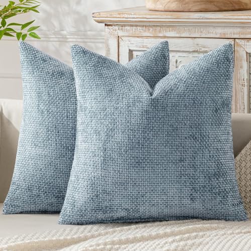 Image of MIULEE Pack of 2 Light Blue Throw Pillow Covers 18x18 Inch Coastal Summer Modern Boho Accent Decorative Pillow Covers Soft Chenille Farmhouse Cushion Covers for Home Decor Couch Bed Sofa Living Room