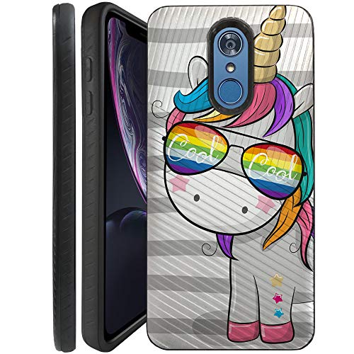 CasesOnDeck Case Compatible with [LG Q7 | LG Q7+] LG Q7 Plus Case, Dual Layer Hybrid Combat Shock Shell Embossed Strip Case Cover (Cool Unicorn)