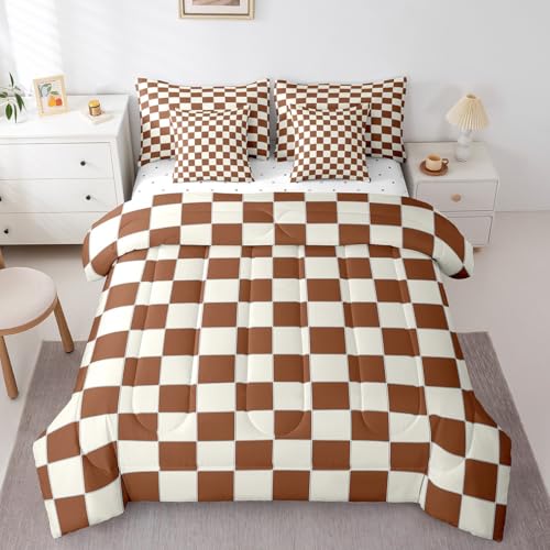 Image of Erosebridal Plaid Full Comforter Set 7 Piece Beige Caramel Brown Checkerboard Bed in A Bag with Sheets Geometric Checkered Bedding Set for Kids Boys Girls,Aesthetic Grid Bed Set