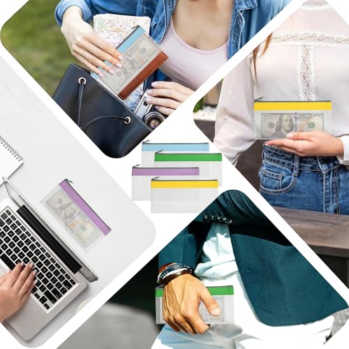 4 Pack Multi-Purpose Money Pouch, Cash Envelopes with Zipper, Money Bags Clear Bank Deposit Coin Bag for Coin, Deposit, Checks, Receipts, Passport (Color B) 7
