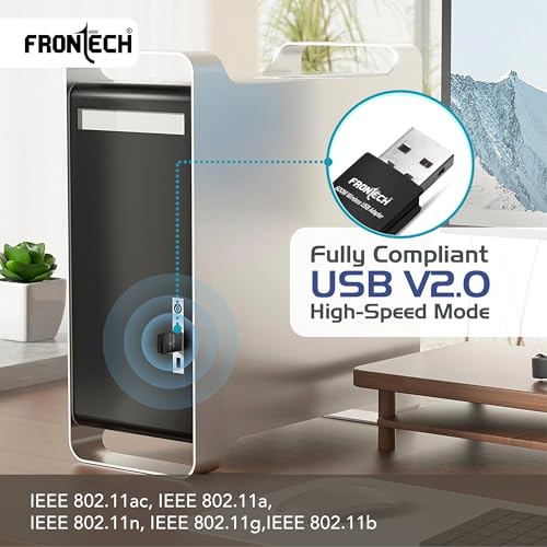 Image of FRONTECH 600 Mbps USB Wi-Fi + Bluetooth Adapter | PC, Laptop | Dual Band (2.4GHz) | BT 4.2 /2.1 | USB 2.0 | Compatible with Windows 7 /8 /10 /11 /XP | WEP,WPA-PSK,WPA2-PSK Security | 10-20M Range (FT-0844)