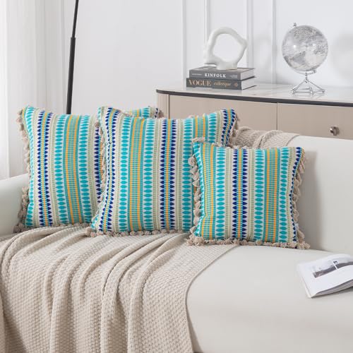 Image of HOKIPO 'Artisan Boho Series' Sofa Cushion Covers | 450 GSM Cotton Acrylic Jacquard | Tassel Design | 22x22 Inch (55x55 cm) | Pack of 2, Aqua Blue (IN-906-A4*2)