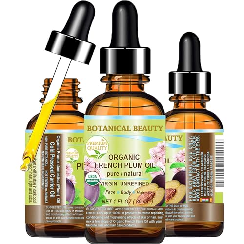Botanical Beauty Organic French PLUM OIL 100% Pure Natural VIRGIN UNREFINED Cold-Pressed Carrier Oil for Face, Skin, Body, Hair, Lip, Nails. Rich in Vitamin E, Omega 6, Omega 9 (1 Fl Oz)