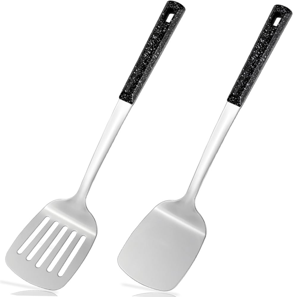 2-teiliges Metallspatel-Set, Küchenutensilien, Kochutensilien, Pfannenwender, Schlitz-Küchenspatel, Edelstahl, Kochutensilien, ideales Kochgeschirr für Fisch, Eier, Pfannkuchen
