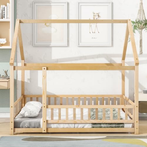 Miniatura 15 de Cama de suelo de tamaño matrimonial con valla para niños pequeños, cama Montessori con techo de casa, marco de cama de piso de madera matrimonial
