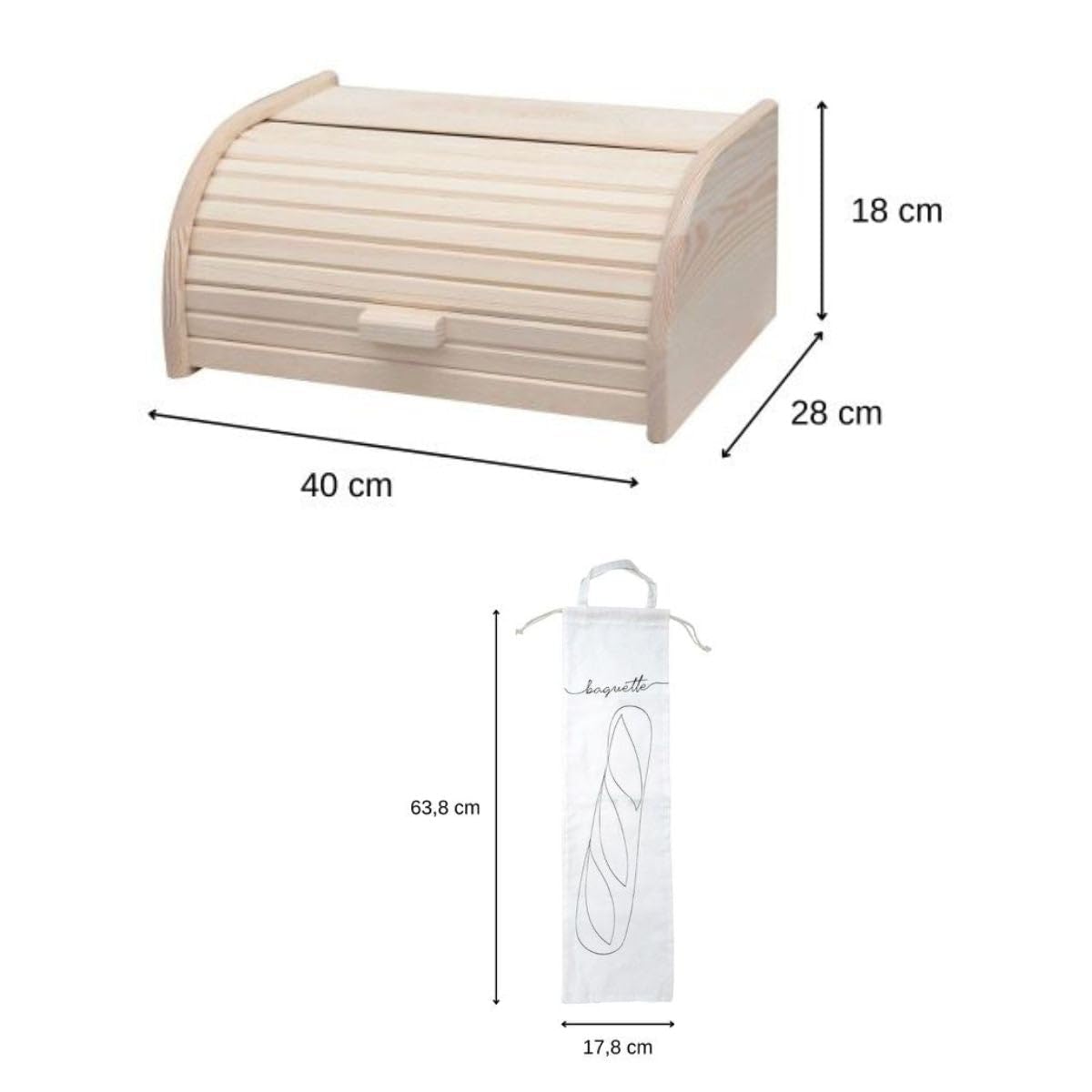 Fackelmann 9926750 Brotbesteck Set 3-teilig mit Brotkasten und 2 Aufbewahrungsbeutel für Brot, Brotbox, Baumwollbeutel für Baguette, Baumwolle, Weiß, Kiefernholz, 40 x 28 cm