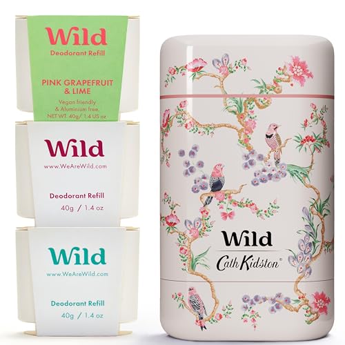 Wild Aluminium Free Refillable Natural Deodorant Starter Kit - Cath Kidston Birds Case with Pink Grapefruit & Lime Coconut & Vanilla Fresh Cotton & Sea Salt Refills - 24 Hour Odour Protection