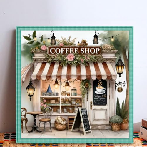 Image of KYOQFVN Coffee Shop Cross Stitch Kits for Adults - House Embroidery Kits for Beginners Adults, 11 CT Patterns Dimensions Counted Cross Stitch Kits for Adults Arts Craft 14x14 inch