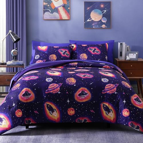 Full Size Comforter Set for Boys-7 Pieces Space Rocket Full Bedding Sets for Kids, Ultra Soft Bed in A Bag with Sheets