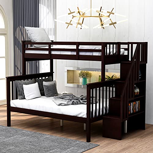 MERITLINE Twin Over Full Bunk Bed, Wood Twin Over Full Bunk Bed Frame with Storage Shelves, Twin Over Full Size Bunk Bed Frame with Guardrails and Stairs for Kids Boys Girls Teens Adults, Espresso