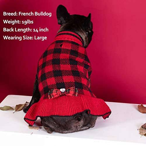 Kyeese Christmas Dog Sweaters Dress For Small Medium Dogs With Leash Hole Checkered Dog Sweaters Turtleneck With Bowtie Dog Apparel For Winter #TOP2