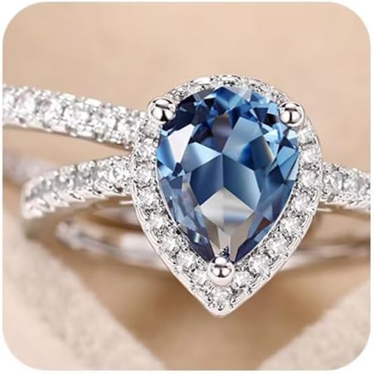 HUUGVBCO Sapphire CZ Cubic Zirconia Ring Set Gorgeous Cubic Zirconia Bridal Prom Bands for Women, Engagement Teardrop Wedding Promise Rings for Her Statement Anniversary Halo Ring 8#
