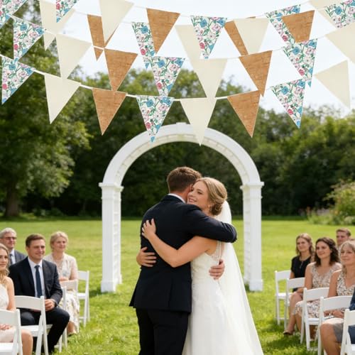 Image of Zwiebeco 39Ft Beige Floral Fabric Pennant Banner Vintage Burlap Triangle Flag Retro Flower Bunting Party Decoration for Birthday Engagement Wedding Bridal Baby Shower Rustic Village Home Garden Decor