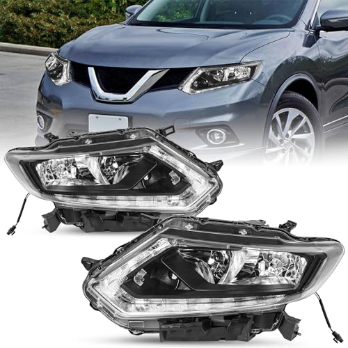 SOCKIR Headlight Assembly Set Replacement for 2014 2015 2016 Nissan Rogue with LED DRL Strip Halogen Headlamp Driver and Passenger Side Black Housing Clear Reflector