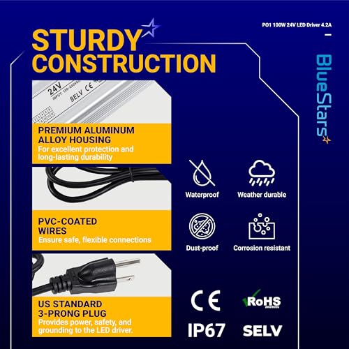 Image of 100W 24V LED Power Supply Driver 4.2A with US Standard 3-Prong Plug by BlueStars - AC 90-260V to 24V DC Constant Voltage Transformer IP67 Waterproof for LED Strip Lights Indoor & Outdoor