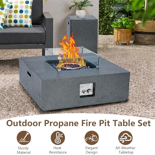2-Piece Outdoor Propane Firepit Table Set w Tank Table, 36 in Square Gas Fire Pit Table w 16 in Tank Side Table, 50000 BTU Gas Firepit Table w Removable Lid, Wind Guard, Blue Glass Rocks, Rain Cover