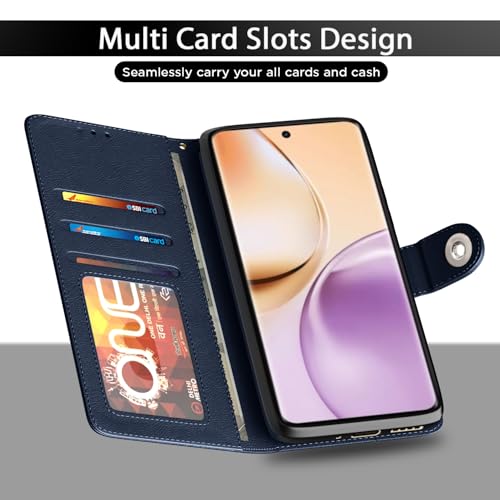 Image of Pikkme Flip Cover Leather Finish | Inside TPU with Card Pockets | Wallet Stand and Shock Proof | Complete Protection Button Flip Case for Realme 14 Pro 5G(Blue)