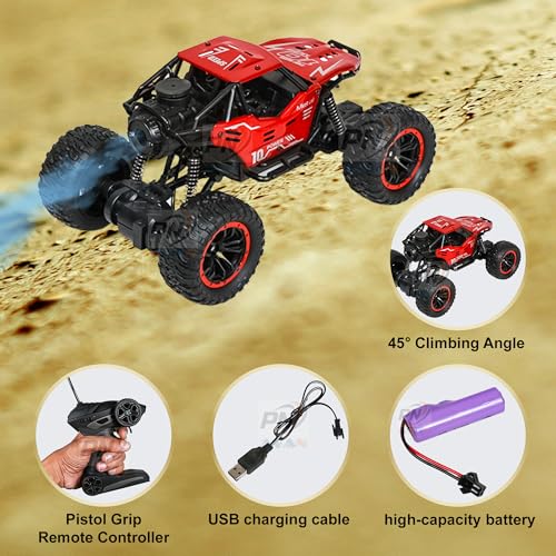 Image of Power Metal RC Monster Truck with Water Spray Smoke Effect - 2.4GHz Remote Control Off-Road Big Wheel Toy | Rechargeable 4x4 Stunt Car with Turbo Mist for Kids 6+ Years(Smoke Crawler - Red)