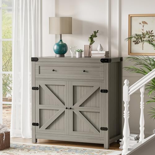 Flamaker Sideboard Buffet Cabinet with Storage, Farmhouse Coffee Bar Cabinet with 1 Drawer and 2 Barn Doors, Barn Door Console Table, Storage Cabinet for Kitchen, Dining Room, Entryway (Grey)