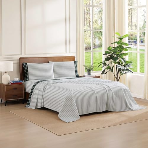 Image of Tommy Hilfiger - Full Size Sheets Set, Crisp & Tailored Cooling Sheets with a Cotton Percale Lightweight Feel - Bed Sheets with Matching Pillowcases & Fitted Sheet (Cass Park Mix Green)