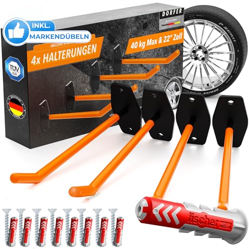 𝗗𝗢𝗥𝗙𝗘𝗥 Reifen Halterung Wand I 4er Set Wandhalterung Autoreifen und Felgen inkl. Deutschen Marken-Dübeln & Schrauben verzinkt I Felgenhalter Wand I Autoreifen Wandhalterung I TÜV-zertifiziert