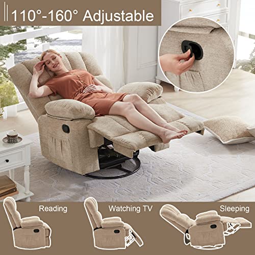 Dreamsir Oversized Rocker Recliner Chair For Adults, Ergonomic Glider 360 Degree Swivel Chair, Overstuffed Manual Rocking Recliner For Living Room, Theater Seating Single Sofa Chair, Sandy #TOP2