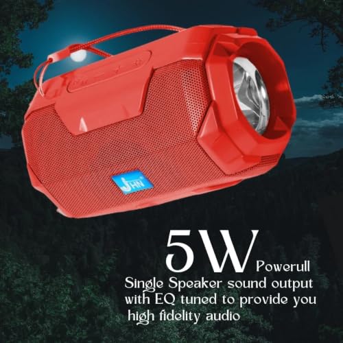 Image of Portable Wireless Bluetooth Speaker 5W with Built-in Torch, Deep Bass Stereo Sound, Long Battery Life, AUX Input, Rugged Water Resistant Design for Outdoor & Indoor (Red)