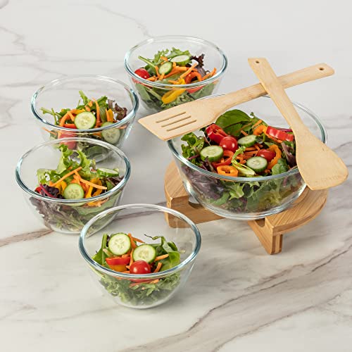 Kitchen Affections 5Pc Glass Salad Bowl Set With Serving Utensils And Bamboo Pedestal Base, Glass Reusable Dinnerware, Durable Glass Dinner Bowls, Glass Dinnerware Set, Eco Friendly Bowls #TOP1