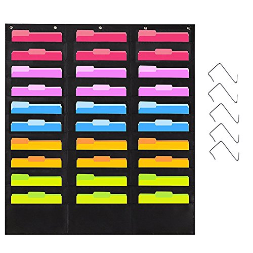 JOTOM Premium Storage Pocket Chart con 30 bolsillos Bonus 5 Hangers, Wall Hanging Carpeta de archivos Pocket Chart Organizador en cascada, perfecto para oficina, escuela o hogar (30 bolsillos) Cover