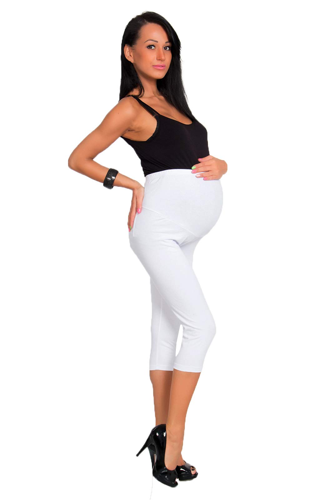 FUTURO FASHION Womens Maternity Cropped Leggings with Pockets 3/4 Length High Waisted Pregnancy Pants Sizes 8-22 LCKP White