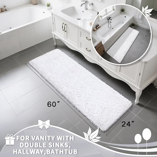 Image of Yimobra Long Bathroom Rugs Runner 60x24 Inch, Extra Thick Soft Absorbent Chenille Bath Mat, Non Slip Machine Washable, Quick Dry Bath Rugs for Bathroom Floor, Tub and Shower, White